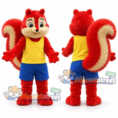 Red Squirrel Mascot Costume with Yellow Shirt and Blue Shorts Red Squirrel Mascot Costume with Yellow Shirt and Blue Shorts