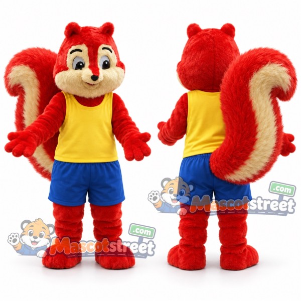 Red Squirrel Mascot Costume with Yellow Shirt and Blue Shorts