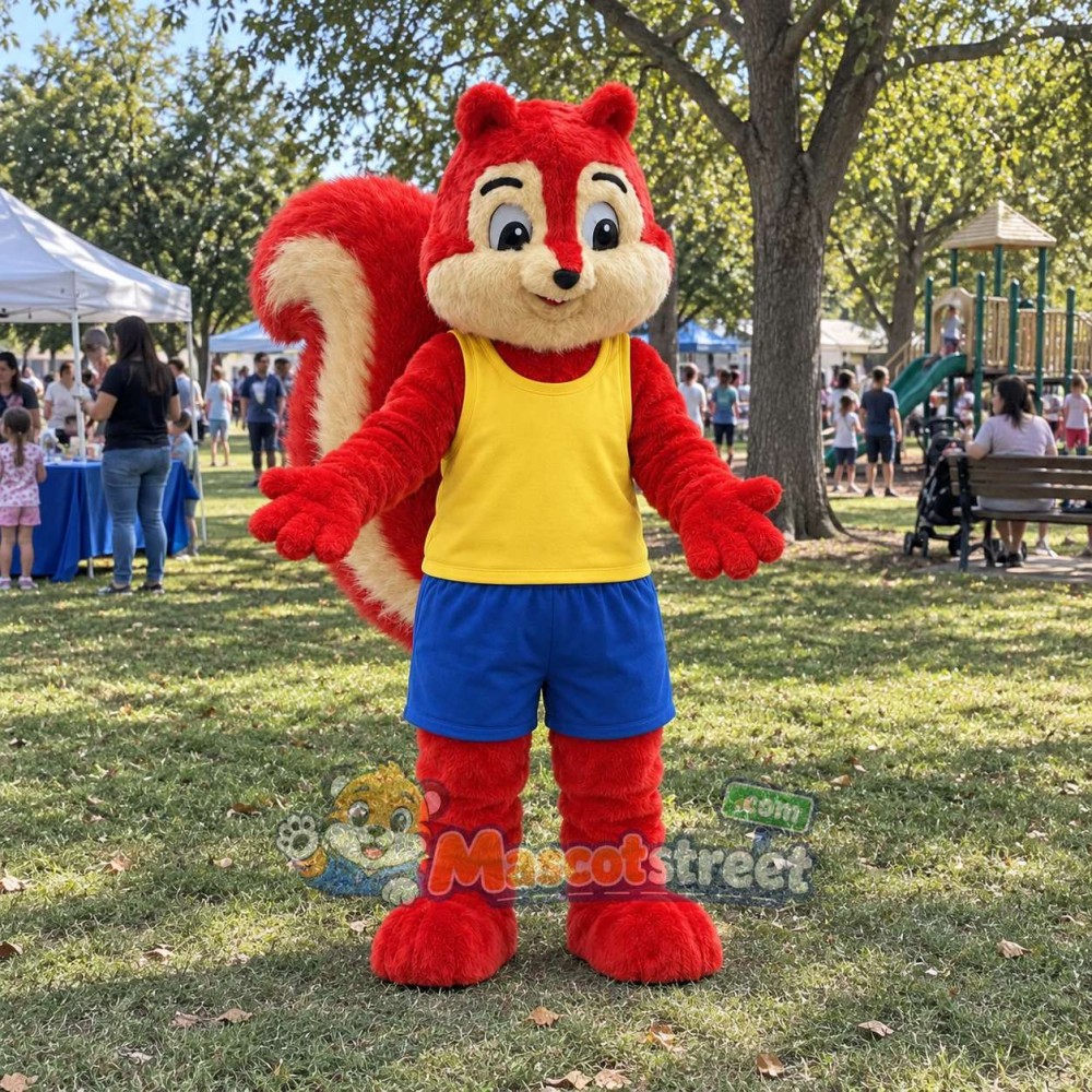 Red Squirrel Mascot Costume with Yellow Shirt and Blue Shorts Red Squirrel Mascot Costume with Yellow Shirt and Blue Shorts