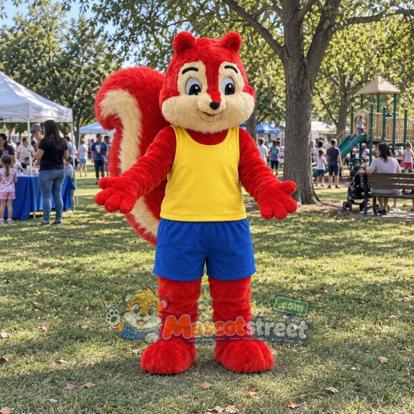 Red Squirrel Mascot Costume with Yellow Shirt and Blue Shorts