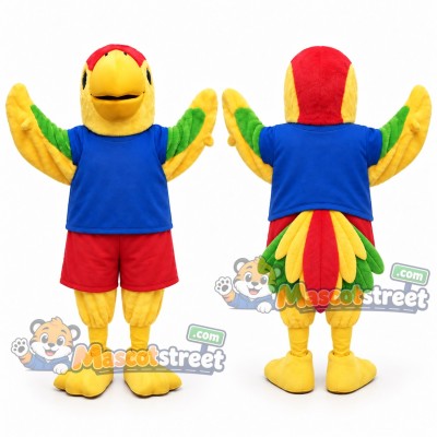 Yellow Parrot Mascot Costume with Blue Shirt and Red Shorts