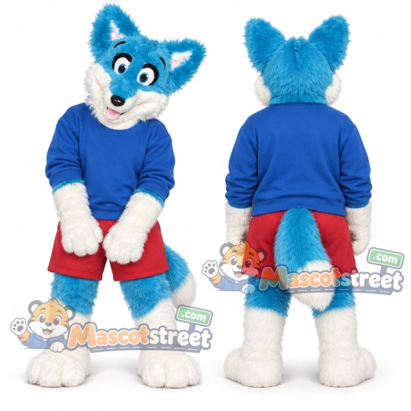 Blue and White Canine Mascot Costume with Blue Sweatshirt and Red Shorts