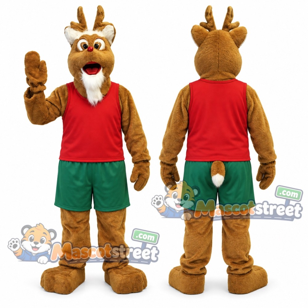 Brown Reindeer Mascot Costume with Red Shirt and Green Shorts