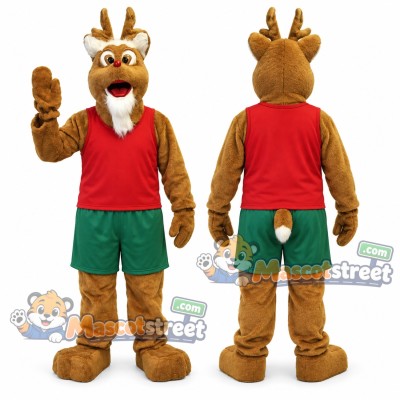 Brown Reindeer Mascot Costume with Red Shirt and Green Shorts