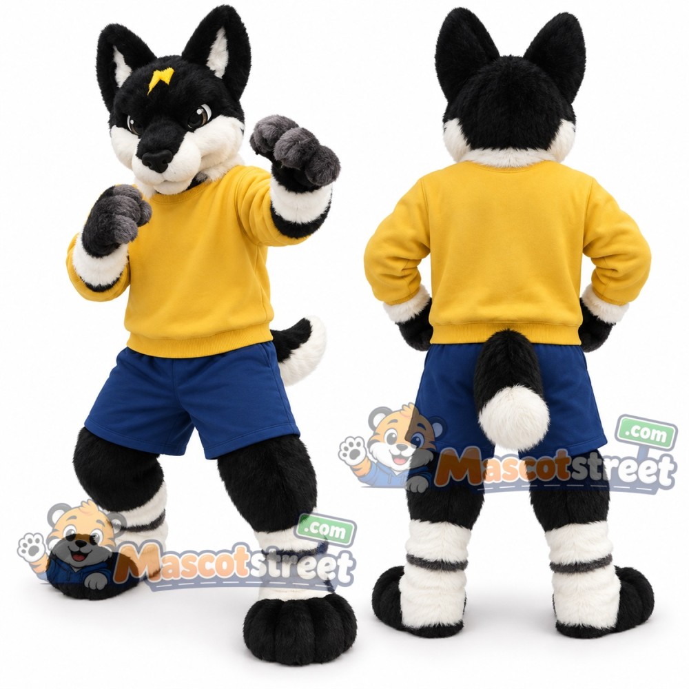 Black and White Canine Mascot Costume with Yellow Sweatshirt and Navy Shorts