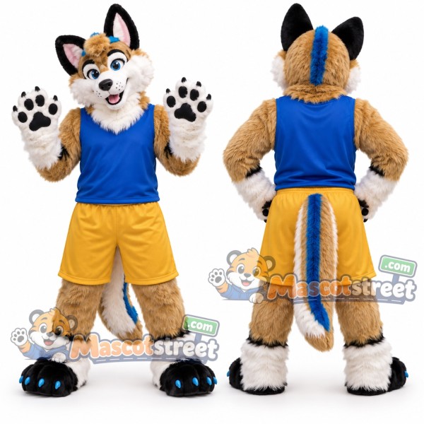 Tan White and Teal Canine Mascot Costume with Blue Sleeveless Shirt and Yellow Shorts