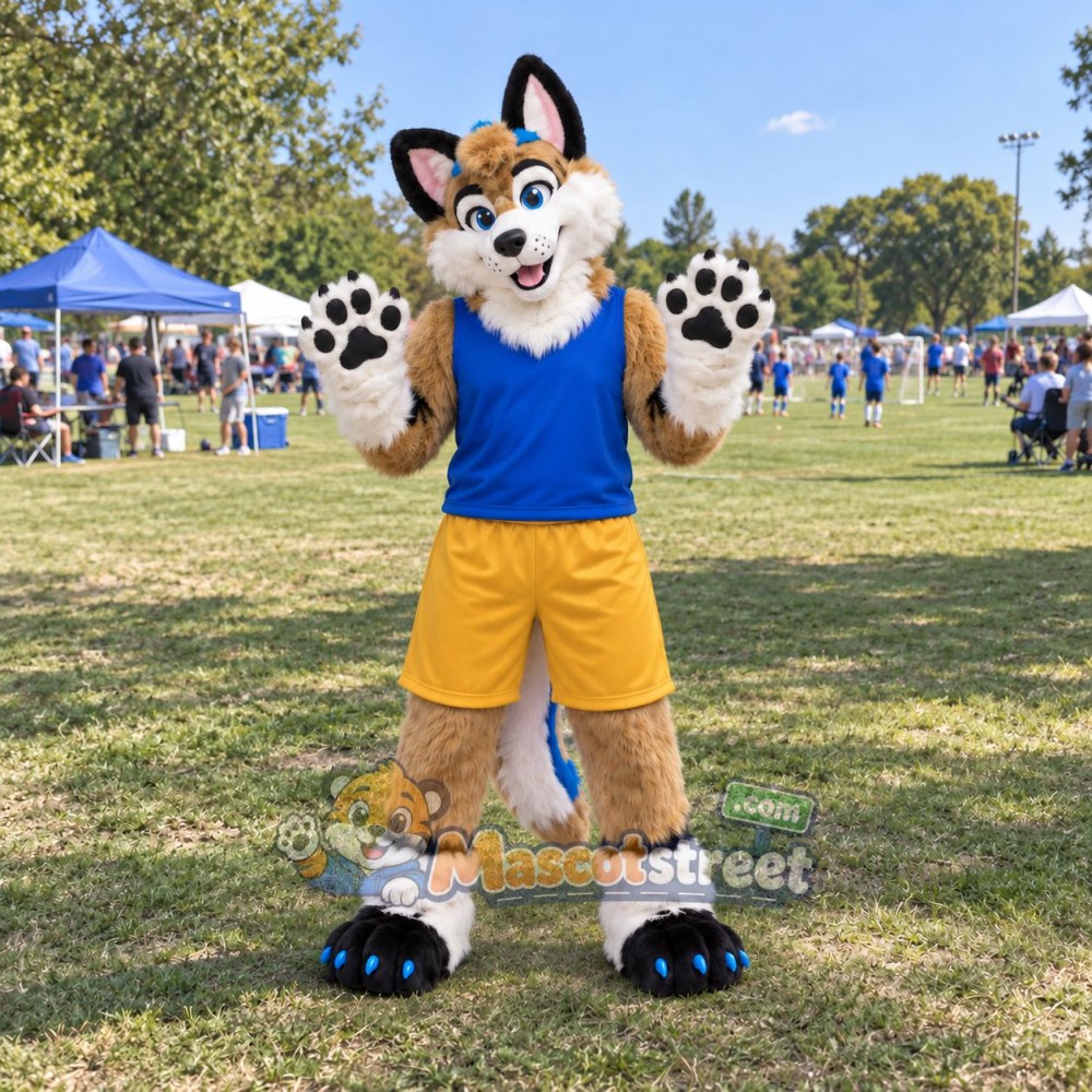 Tan White and Teal Canine Mascot Costume with Blue Sleeveless Shirt and Yellow Shorts