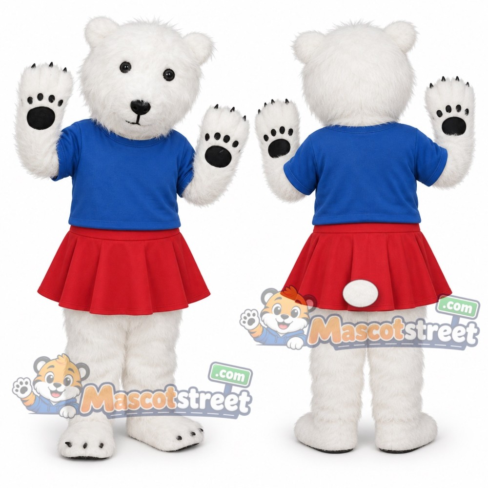 White Polar Bear Mascot Costume with Blue Shirt and Red Skirt