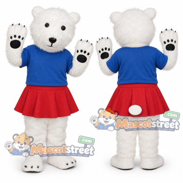 White Polar Bear Mascot Costume with Blue Shirt and Red Skirt