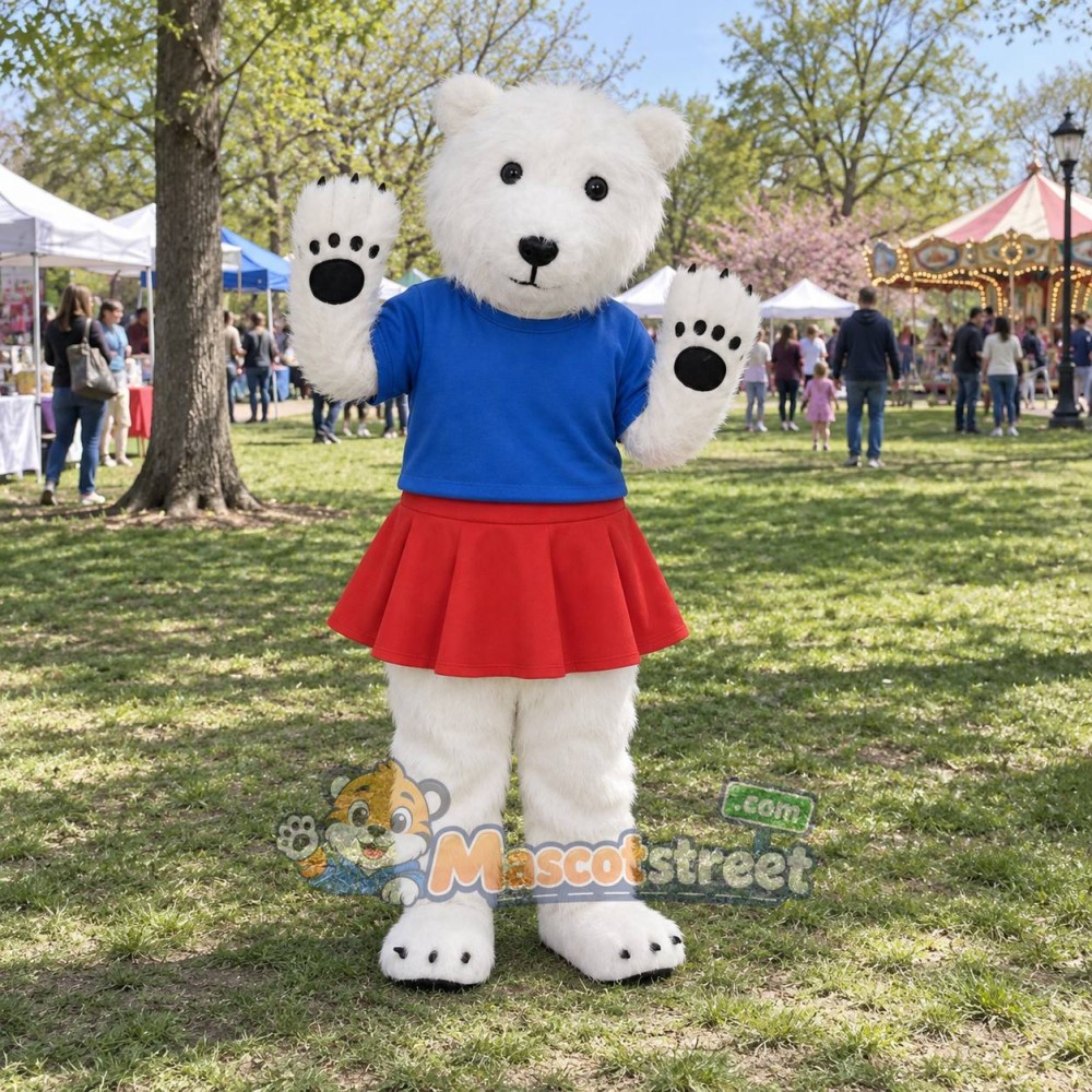 White Polar Bear Mascot Costume with Blue Shirt and Red Skirt