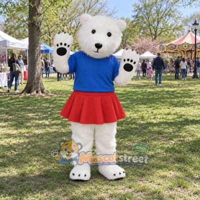 White Polar Bear Mascot Costume with Blue Shirt and Red Skirt