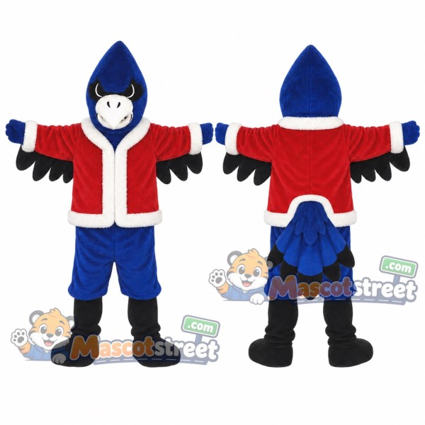 Blue Eagle Mascot Costume with Red Christmas Jacket and Blue Shorts