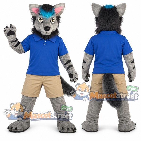 Gray and Teal Canine Mascot Costume with Blue Shirt and Beige Shorts