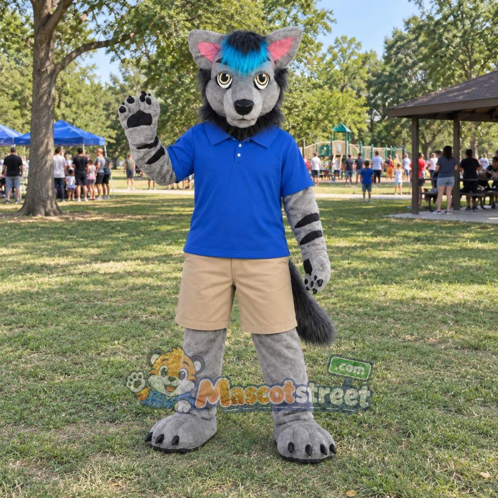 Gray and Teal Canine Mascot Costume with Blue Shirt and Beige Shorts Gray and Teal Canine Mascot Costume with Blue Shirt and Beige Shorts
