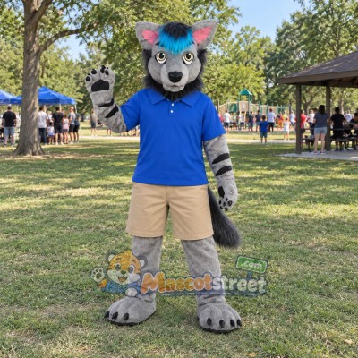 Gray and Teal Canine Mascot Costume with Blue Shirt and Beige Shorts Gray and Teal Canine Mascot Costume with Blue Shirt and Beige Shorts