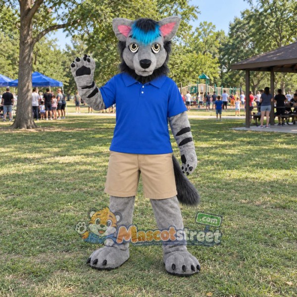 Gray and Teal Canine Mascot Costume with Blue Shirt and Beige Shorts