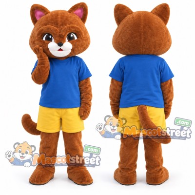 Brown Cat Mascot Costume with Blue Shirt and Yellow Shorts