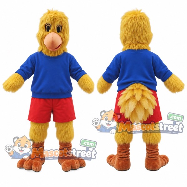 Yellow Bird Mascot Costume with Blue Sweatshirt and Red Shorts
