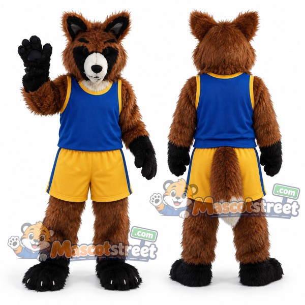 Brown Raccoon Mascot Costume with Blue Sleeveless Shirt and Yellow Shorts