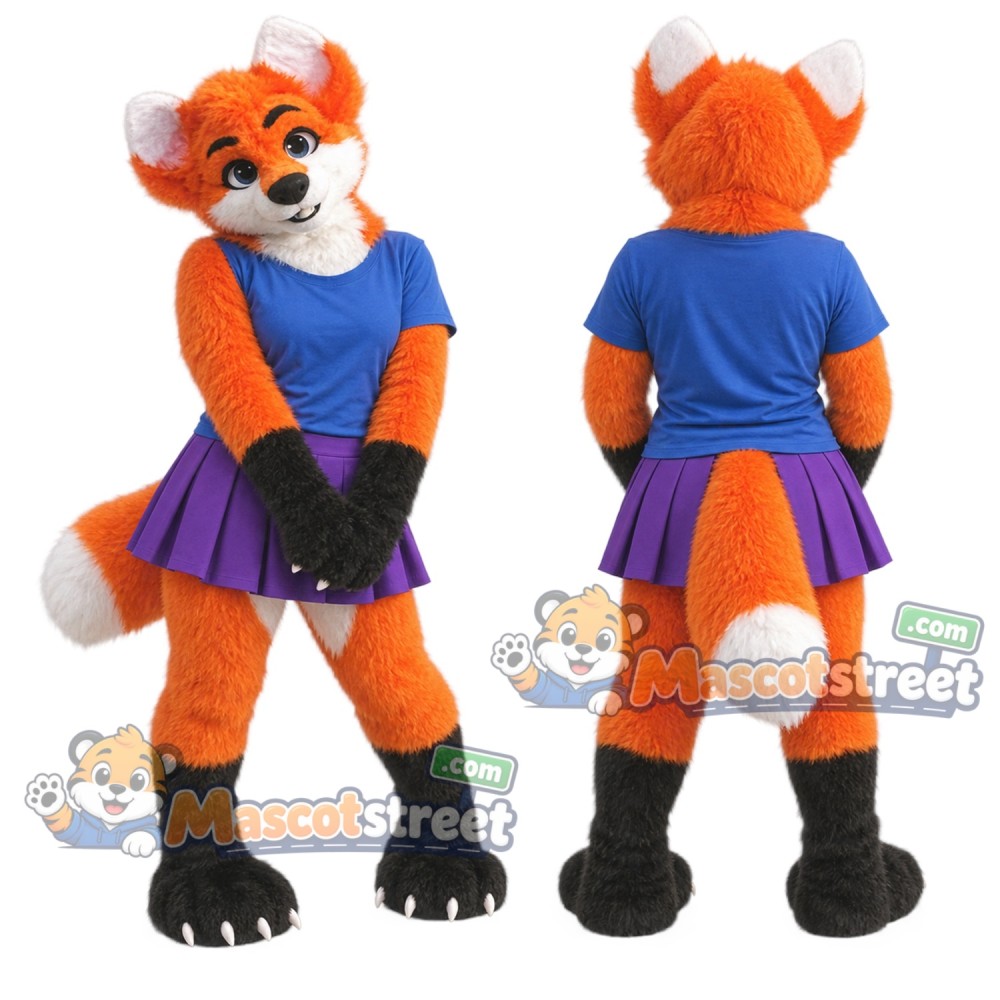 Orange and White Fox Mascot Costume with Blue Shirt and Purple Skirt Orange and White Fox Mascot Costume with Blue Shirt and Purple Skirt