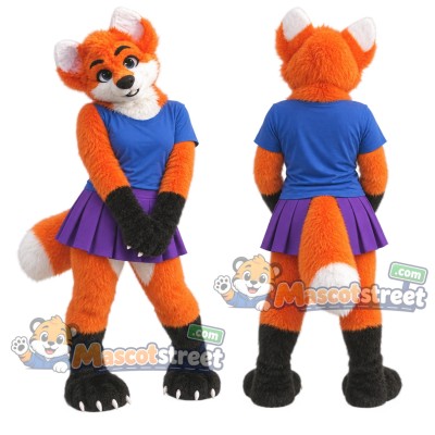 Orange and White Fox Mascot Costume with Blue Shirt and Purple Skirt Orange and White Fox Mascot Costume with Blue Shirt and Purple Skirt