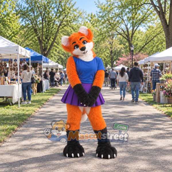Orange and White Fox Mascot Costume with Blue Shirt and Purple Skirt Orange and White Fox Mascot Costume with Blue Shirt and Purple Skirt