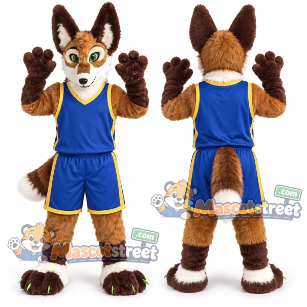 Brown and White Canine Mascot Costume with Blue Sports Uniform