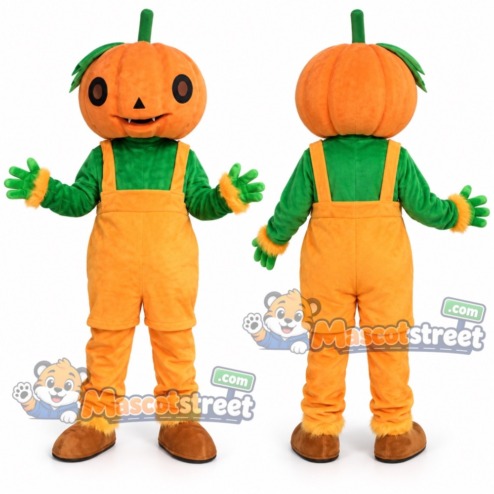 Pumpkin Mascot Costume with Orange Overalls and Green Shirt