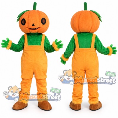 Pumpkin Mascot Costume with Orange Overalls and Green Shirt