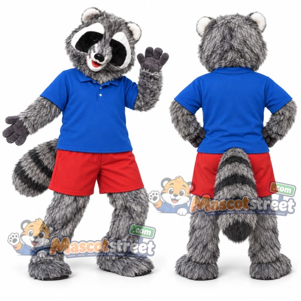 Gray Raccoon Mascot Costume with Blue Shirt and Red Shorts