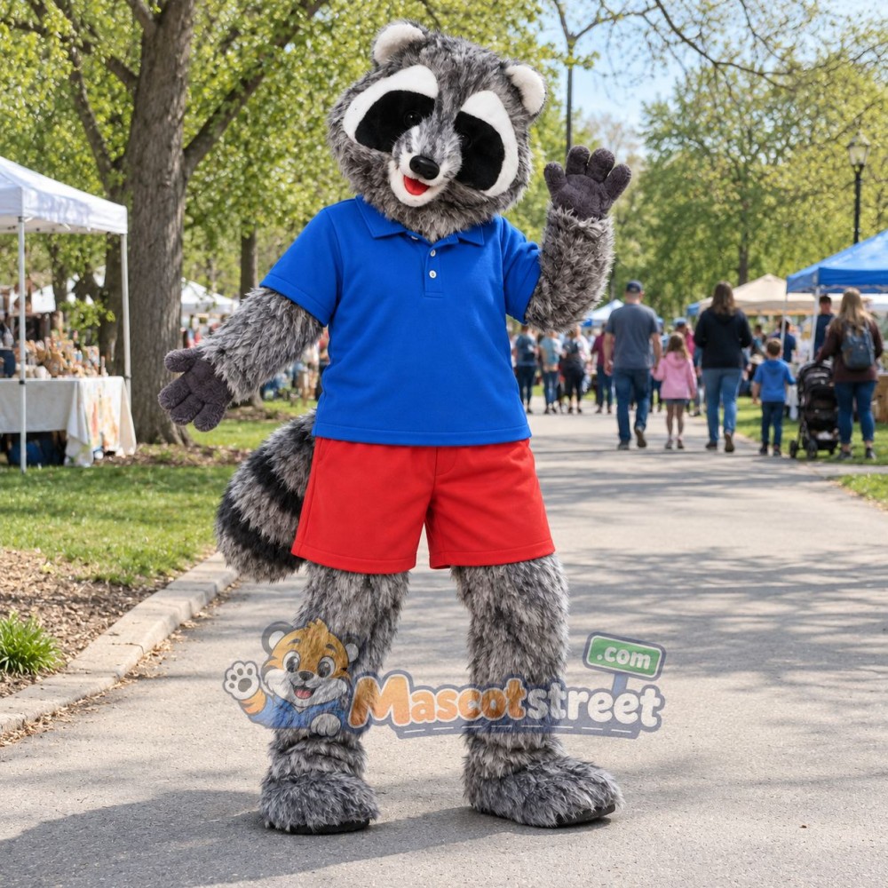 Gray Raccoon Mascot Costume with Blue Shirt and Red Shorts Gray Raccoon Mascot Costume with Blue Shirt and Red Shorts