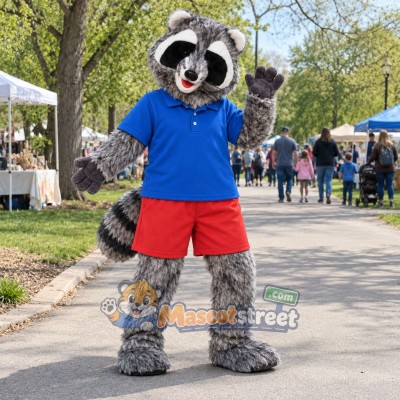 Gray Raccoon Mascot Costume with Blue Shirt and Red Shorts Gray Raccoon Mascot Costume with Blue Shirt and Red Shorts