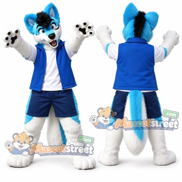 Blue and White Canine Mascot Costume with Blue Vest and Shorts