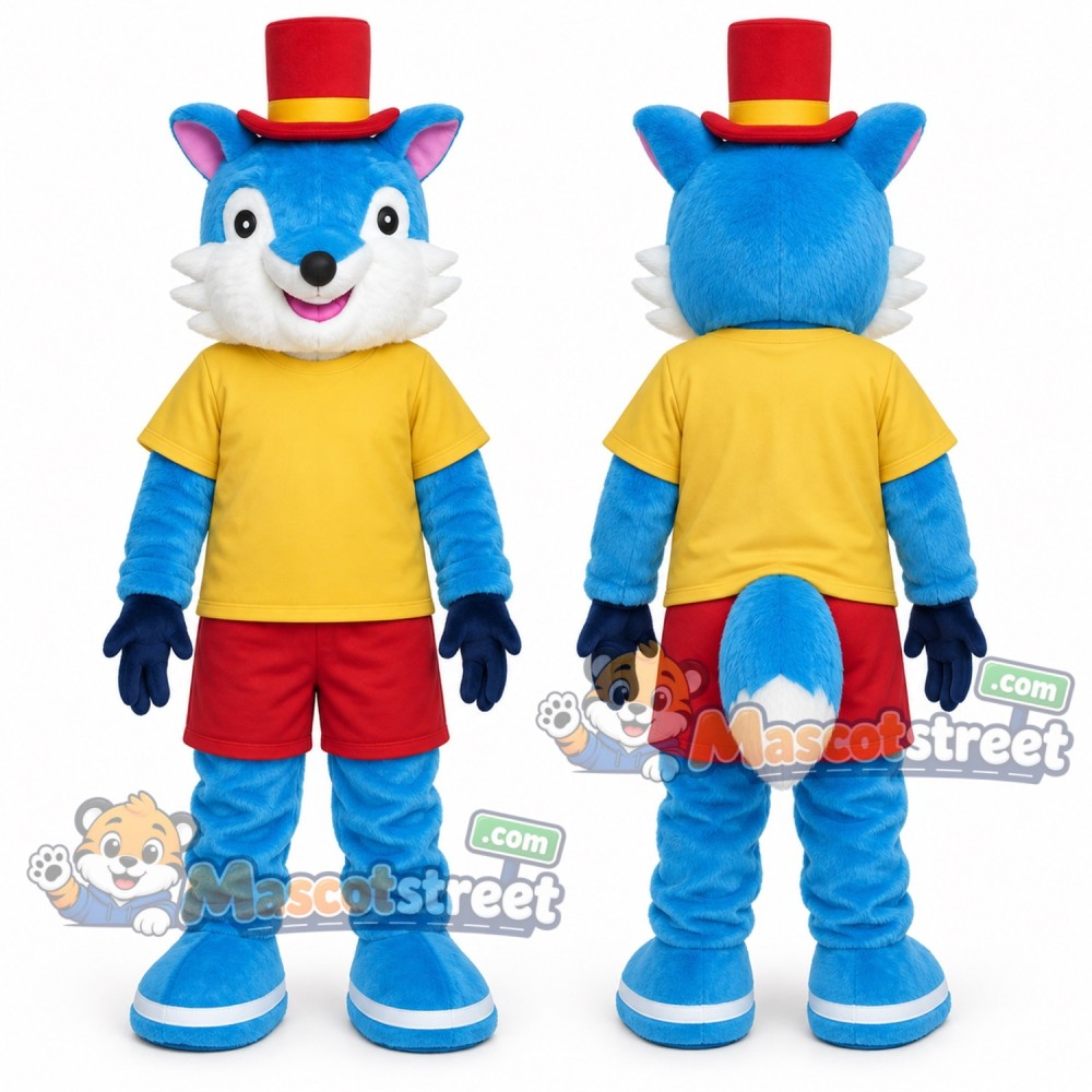 Blue Fox Mascot Costume with Yellow Shirt, Red Shorts and Top Hat Blue Fox Mascot Costume with Yellow Shirt, Red Shorts and Top Hat