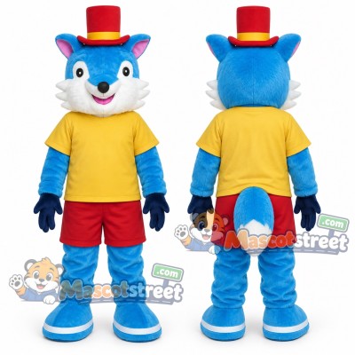 Blue Fox Mascot Costume with Yellow Shirt, Red Shorts and Top Hat Blue Fox Mascot Costume with Yellow Shirt, Red Shorts and Top Hat