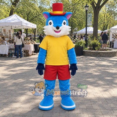 Blue Fox Mascot Costume with Yellow Shirt, Red Shorts and Top Hat