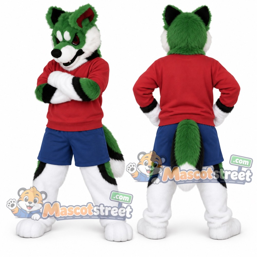 Green and White Canine Mascot Costume with Red Sweatshirt and Navy Shorts