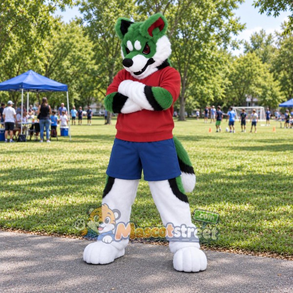 Green and White Canine Mascot Costume with Red Sweatshirt and Navy Shorts Green and White Canine Mascot Costume with Red Sweatshirt and Navy Shorts