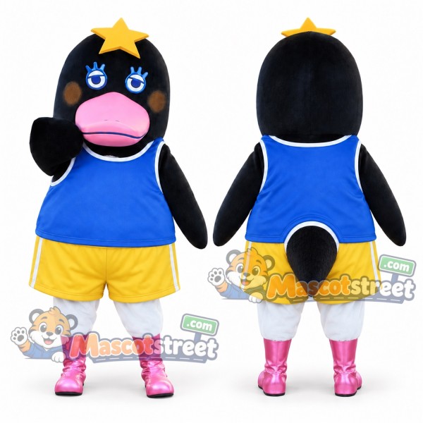 Black and White Penguin Mascot Costume with Blue Sleeveless Shirt and Yellow Shorts