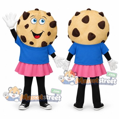 Chocolate Chip Cookie Mascot Costume with Blue Shirt and Pink Skirt Chocolate Chip Cookie Mascot Costume with Blue Shirt and Pink Skirt
