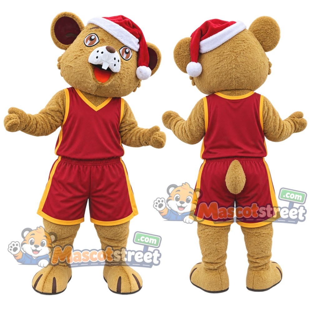 Tan Mouse Mascot Costume with Burgundy Sports Uniform and Santa Hat