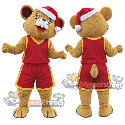 Tan Mouse Mascot Costume with Burgundy Sports Uniform and Santa Hat