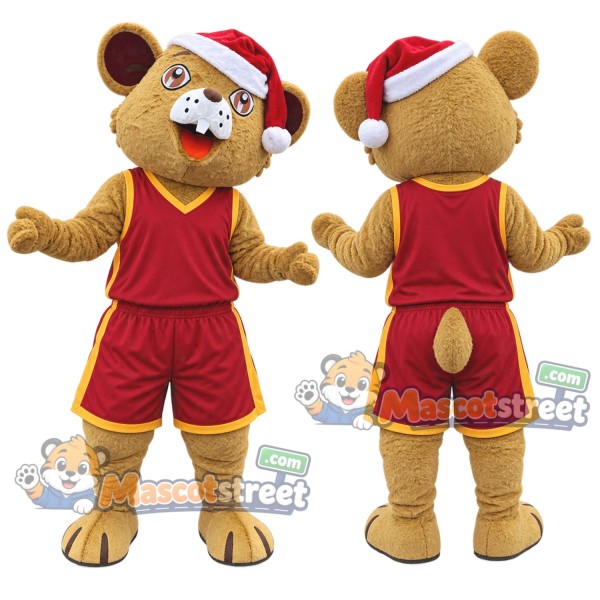 Tan Mouse Mascot Costume with Burgundy Sports Uniform and Santa Hat