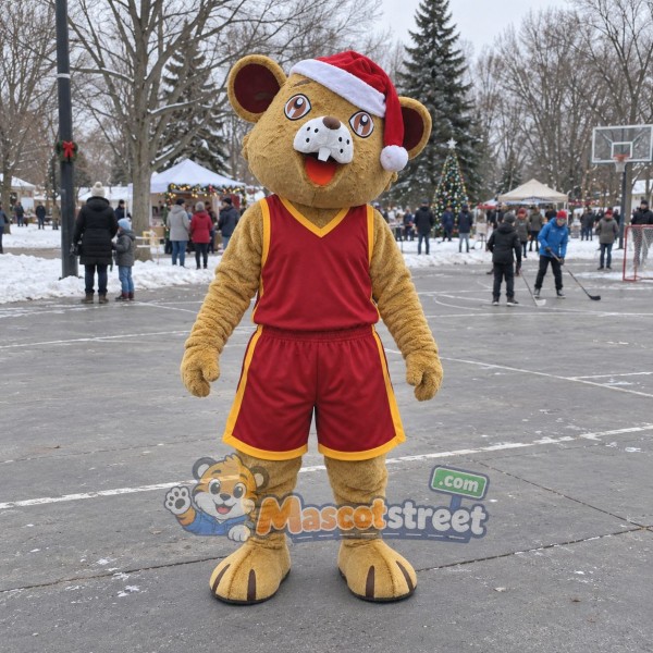 Tan Mouse Mascot Costume with Burgundy Sports Uniform and Santa Hat