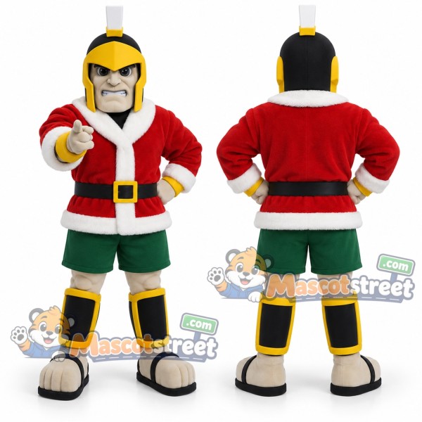 Knight Mascot Costume with Red Christmas Jacket, Green Shorts and Helmet