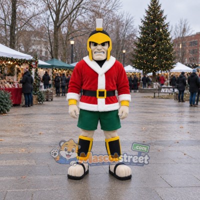 Knight Mascot Costume with Red Christmas Jacket, Green Shorts and Helmet Knight Mascot Costume with Red Christmas Jacket, Green Shorts and Helmet