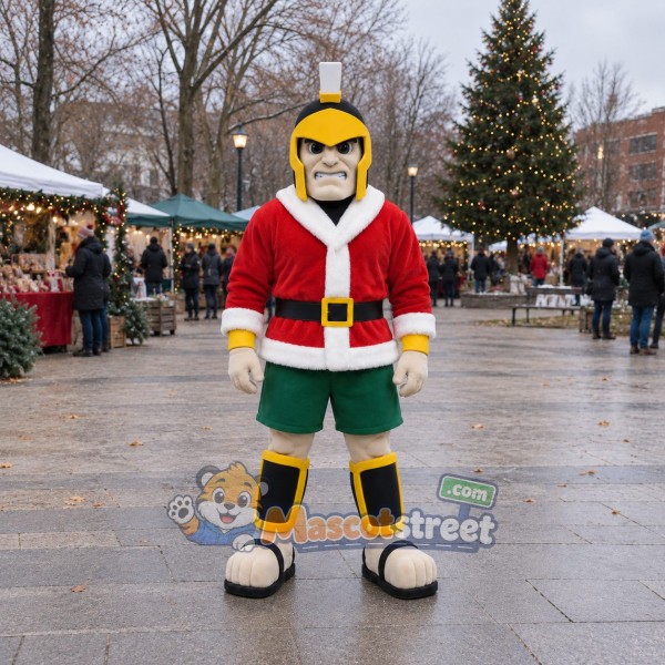 Knight Mascot Costume with Red Christmas Jacket, Green Shorts and Helmet Knight Mascot Costume with Red Christmas Jacket, Green Shorts and Helmet