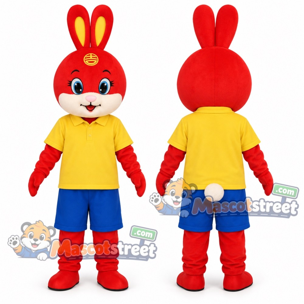 Red Rabbit Mascot Costume with Yellow Shirt and Blue Shorts Red Rabbit Mascot Costume with Yellow Shirt and Blue Shorts
