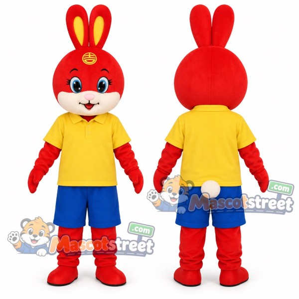 Red Rabbit Mascot Costume with Yellow Shirt and Blue Shorts