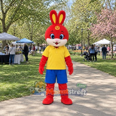 Red Rabbit Mascot Costume with Yellow Shirt and Blue Shorts Red Rabbit Mascot Costume with Yellow Shirt and Blue Shorts
